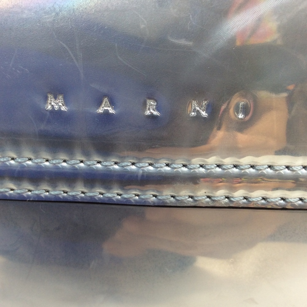 Marni Leather Shoulder Bag Clutch Pouchette One Ribbon Motif Enamel Gray Yo19 - Picture 3 of 10